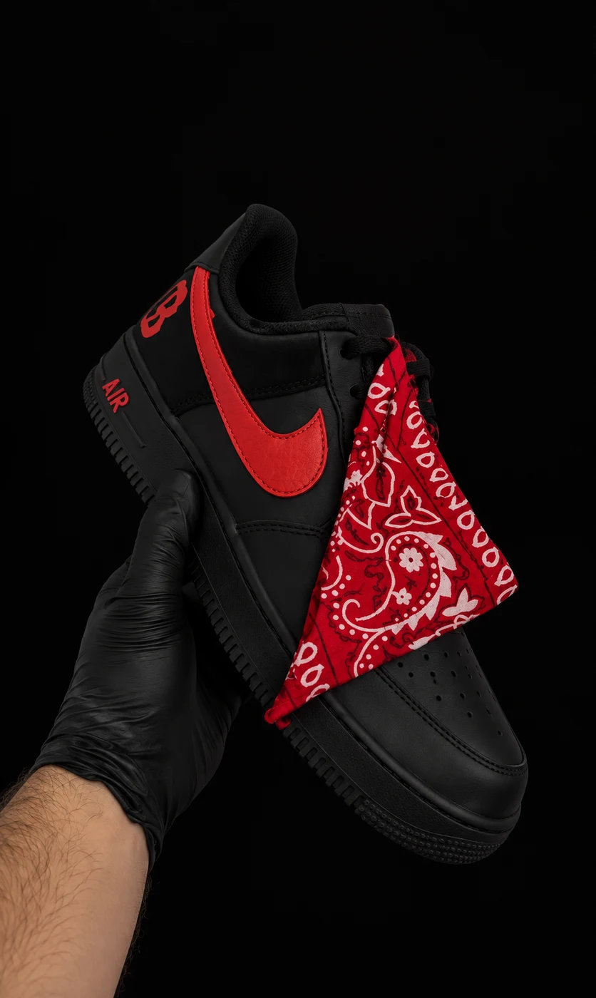 Black custom Air Force 1 with red accents and a red bandana