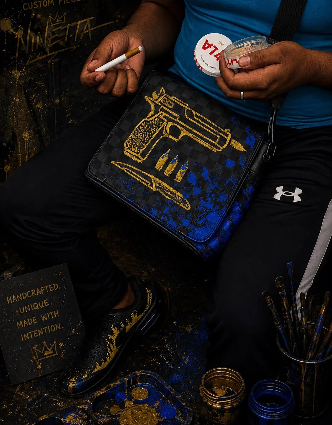 Ninetta working by hand on a bag with blue and gold details